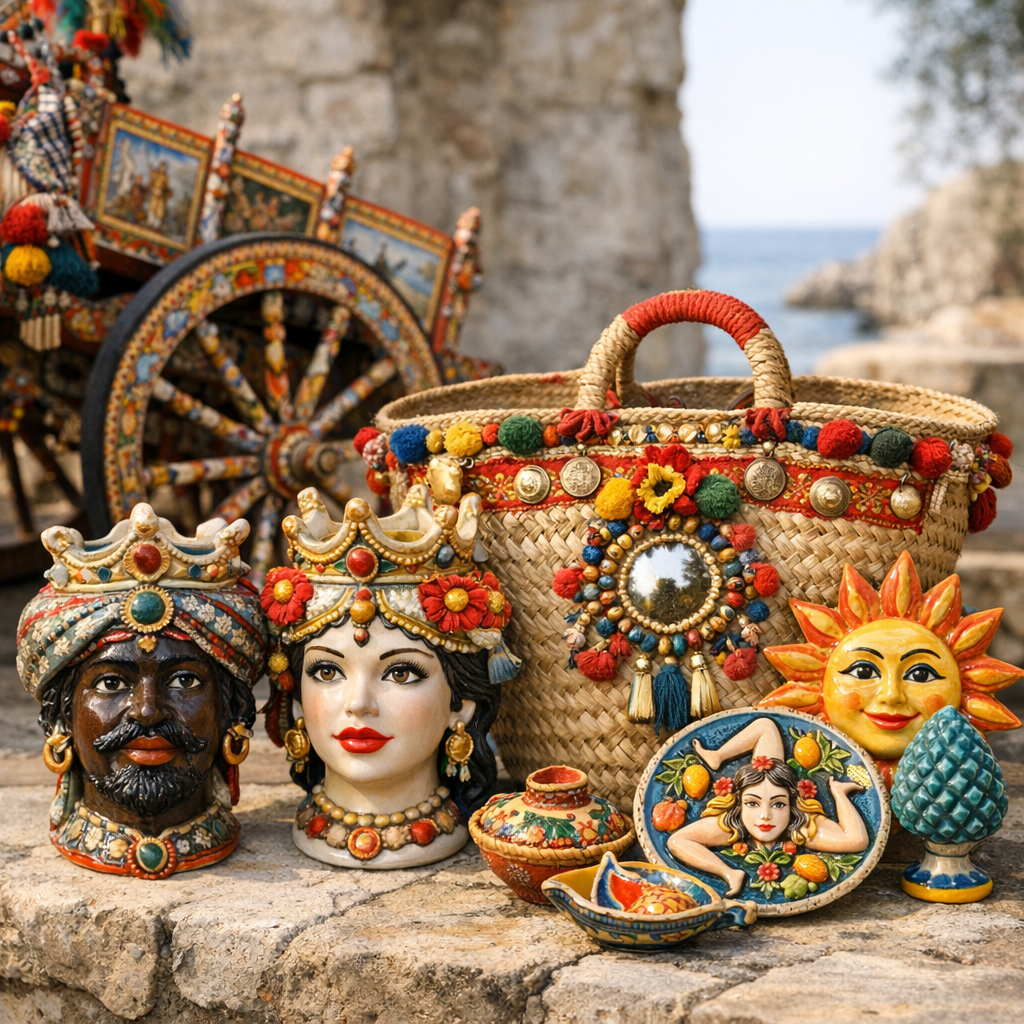 Simboli dell'isola: carretto, teste di Moro, coffa e arti decorative