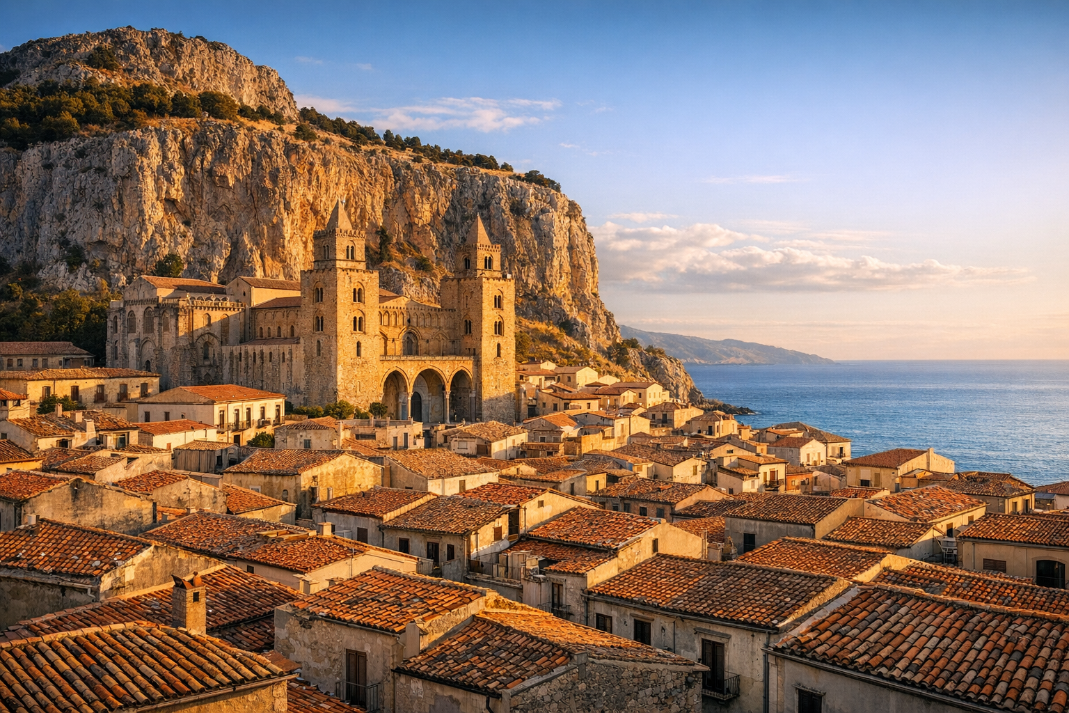 Cefalù, Sicilia: la cattedrale normanna sotto la Rocca al tramonto