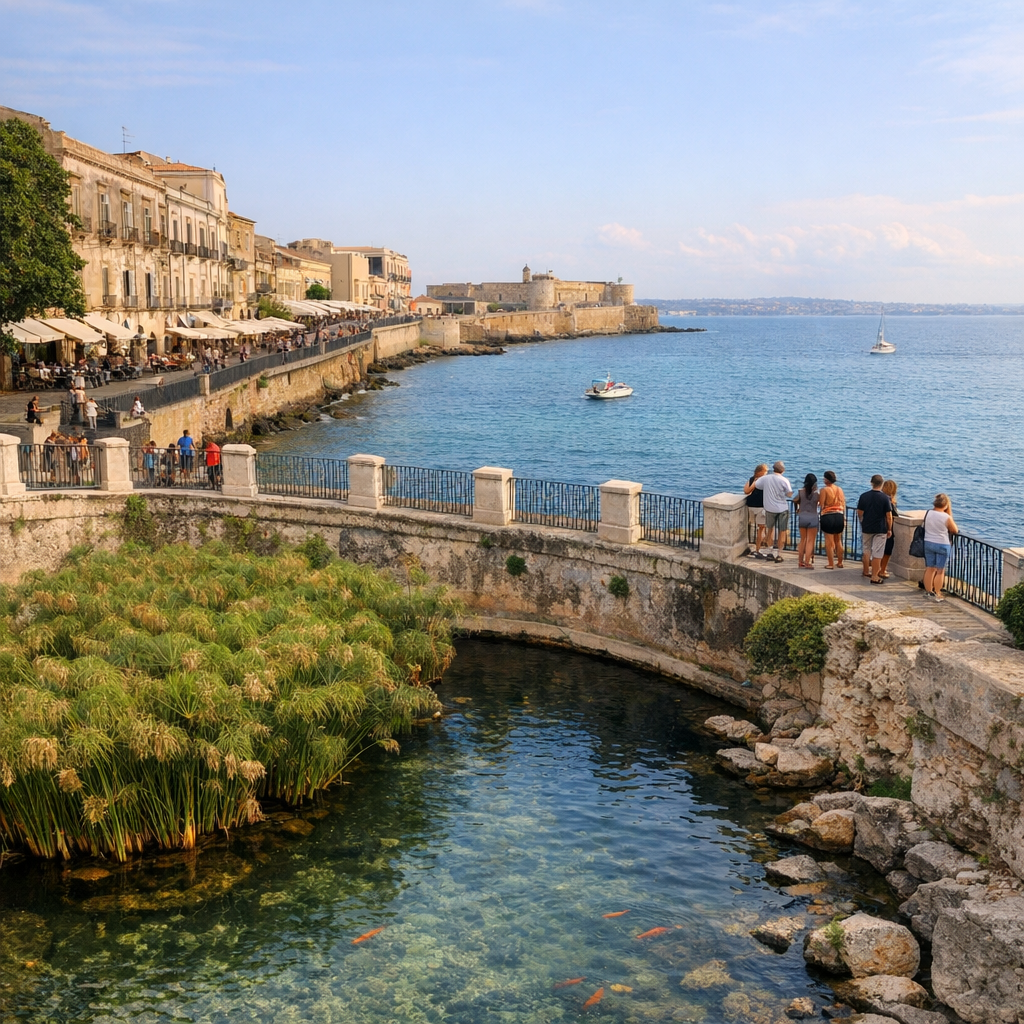 Verso il mare: Fonte Aretusa, Foro Vittorio Emanuele II, Affaccio Enzo Maiorca e Castello Maniace